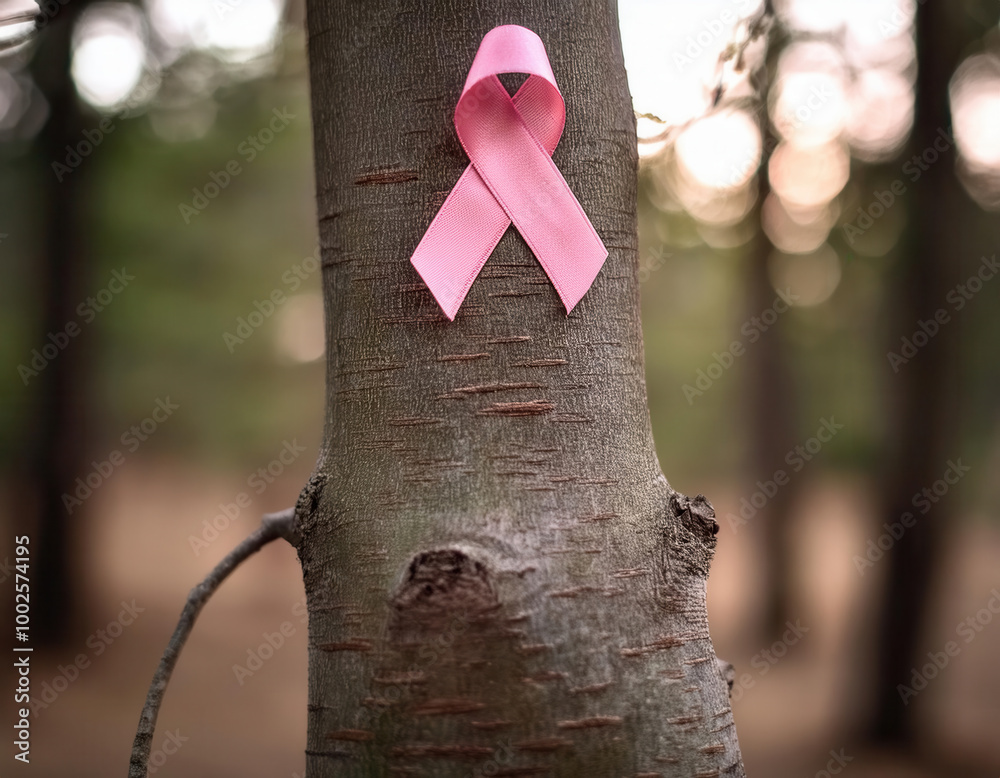 A pink ribbon affixed to a tree trunk, symbolizing breast cancer awareness, with a blurred background of a natural forest environment.