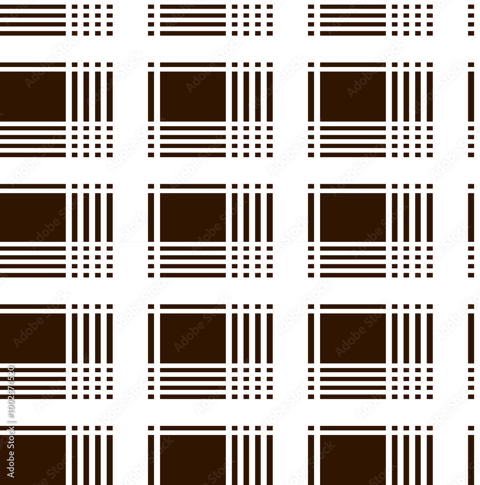 A geometric pattern featuring alternating lines and squares in brown and white, suitable for backgrounds or textile designs. A geometric pattern featuring alternating lines and squares in brown and white, suitable for backgrounds or textile designs.