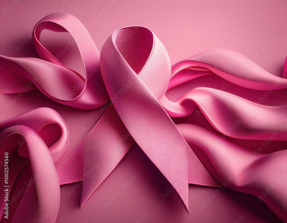 A silky pink ribbon arranged against a backdrop of flowing magenta fabric, creating a luxurious and supportive symbol of breast cancer awareness.