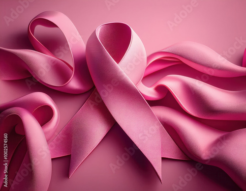 A silky pink ribbon arranged against a backdrop of flowing magenta fabric, creating a luxurious and supportive symbol of breast cancer awareness.