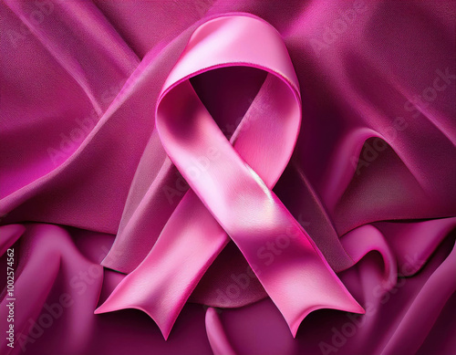 Obraz na płótnie A silky pink ribbon arranged against a backdrop of flowing magenta fabric, creating a luxurious and supportive symbol of breast cancer awareness. w salonie