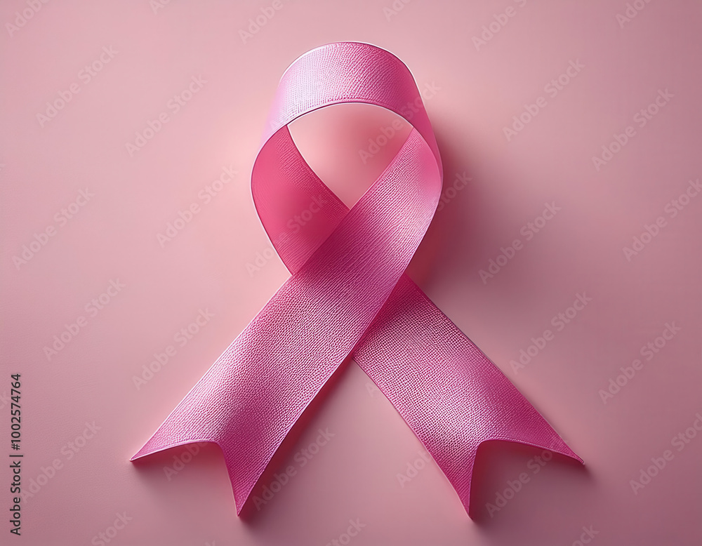 A simple and elegant pink ribbon arranged in a loop against a soft pink background, symbolizing breast cancer awareness and solidarity.