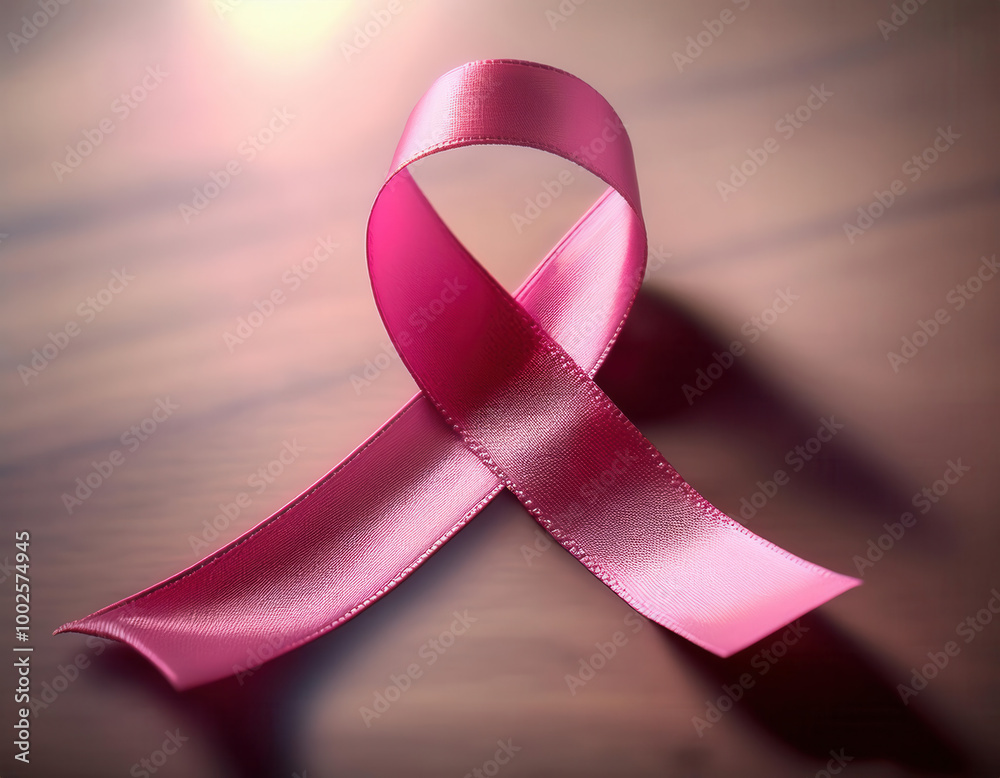 A pink ribbon symbolizing breast cancer awareness placed on a smooth wooden surface, with soft lighting creating a serene and hopeful mood.