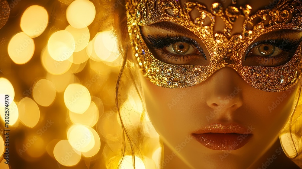A glamorous golden mask with intricate details illuminated by warm bokeh lights. A glamorous golden mask with intricate details illuminated by warm bokeh lights.