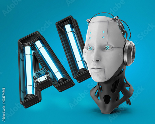 physical, illustrated head of AI with neon light letters