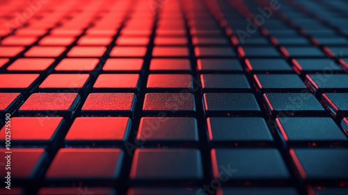 A vibrant close-up of a modern grid surface illuminated by red and blue lighting, showcasing a unique pattern and texture. photo