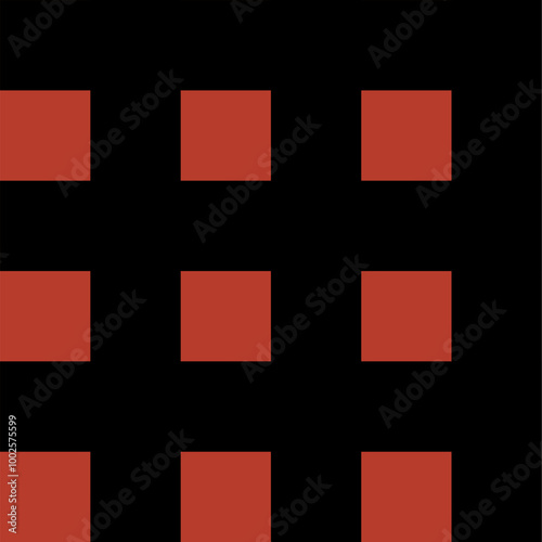 A minimalist graphic design featuring a grid of red squares on a dark background.