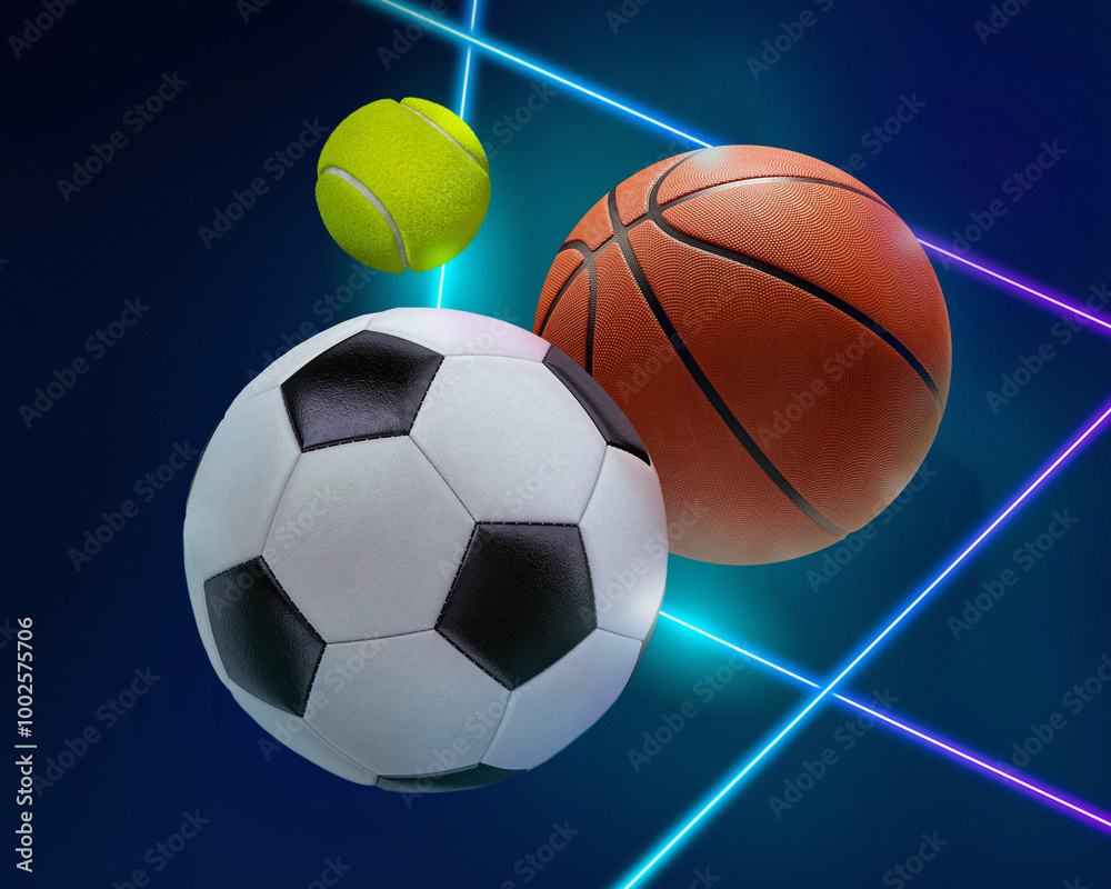 Fototapeta premium Soccer, basketball and tennis ball on dynamic neon background