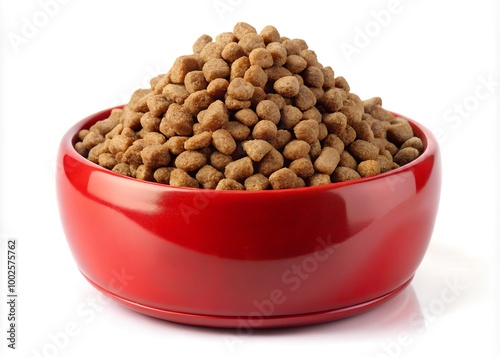 Dry cat food in a red bowl, isolated on white background