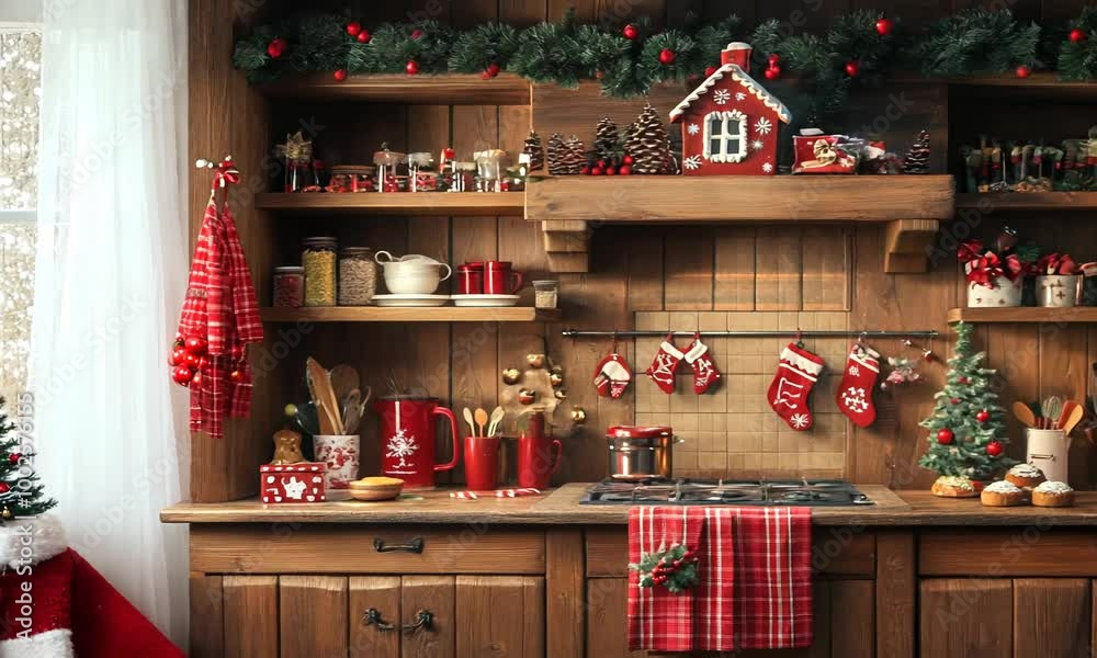 Christmas kitchen with festive towels, cookie cutters, a gingerbread house, and holiday mugs, ready for baking. . Video Christmas kitchen with festive towels, cookie cutters, a gingerbread house, and holiday mugs, ready for baking. . Video