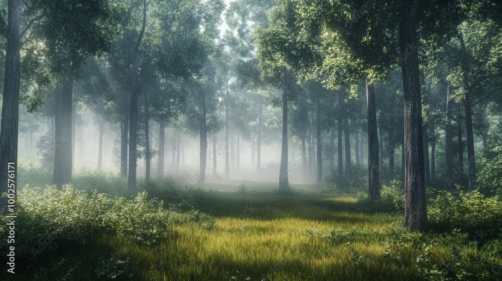 Obraz premium A foggy morning in a tranquil forest, with light softly filtering through the mist