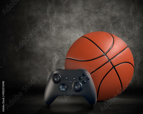 Basketball ball and joystick on neutral background