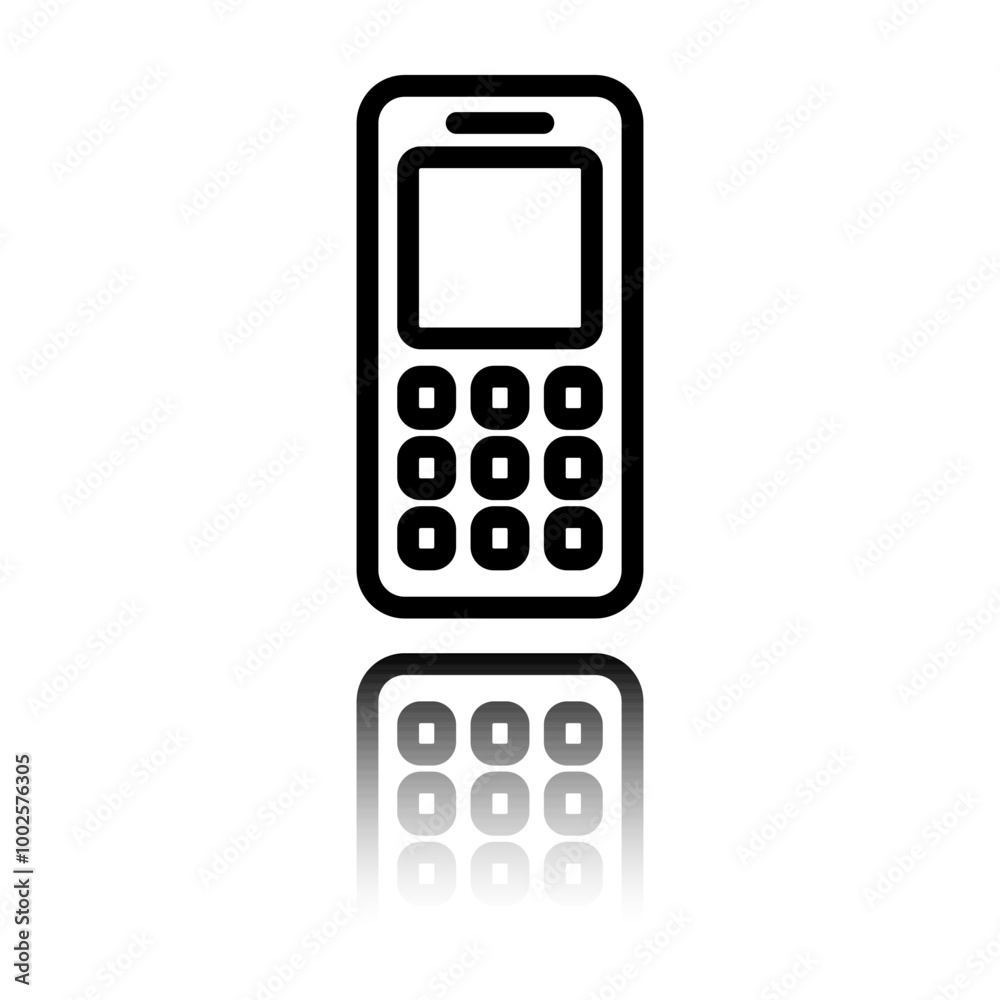 Mobile phone simple icon. Flat design. Black icon with mirror reflection. White background Mobile phone simple icon. Flat design. Black icon with mirror reflection. White background