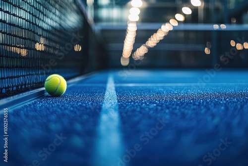 Tennis ball on blue court with bokeh lights