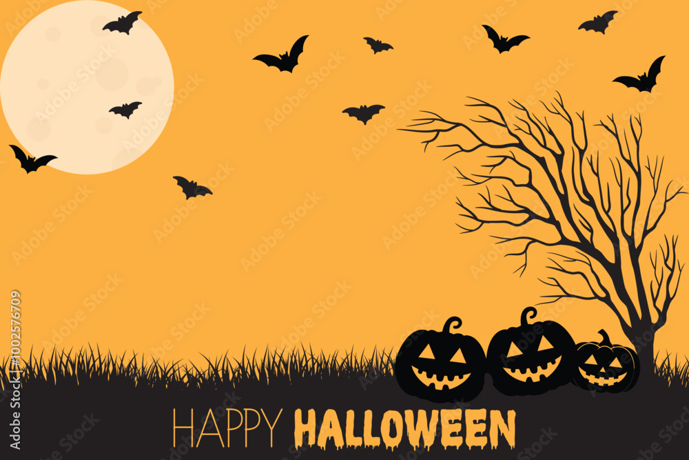 Halloween background in flat design Scary with pumpkins and bats landscape illustration Halloween background in flat design Scary with pumpkins and bats landscape illustration