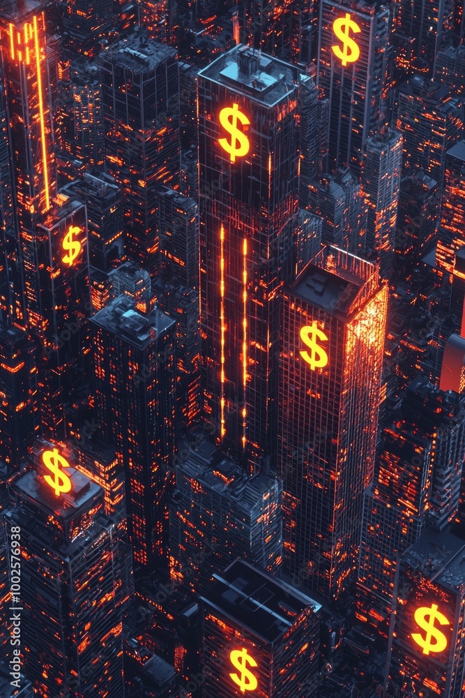 Obraz premium A cityscape of skyscrapers with glowing dollar symbols on their facades, aerial view, cyberpunk style.