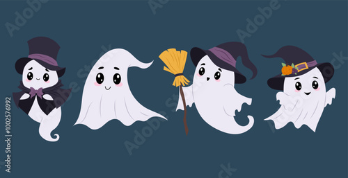 Collection of cute ghosts isolated on coloured background. Ghosts in different Halloween costumes. Vector flat illustration in hand drawn style.