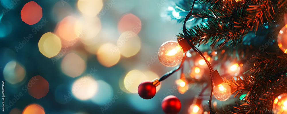 Festive Holiday Lights on Christmas Tree with Bokeh Effect Festive Holiday Lights on Christmas Tree with Bokeh Effect