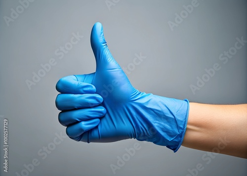 Hand in a blue rubber glove with thumb up on gray background