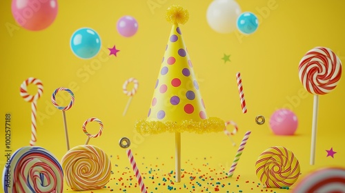 Colorful party items like a polka-dotted hat, ribbons, and candies on a bright yellow background. photo