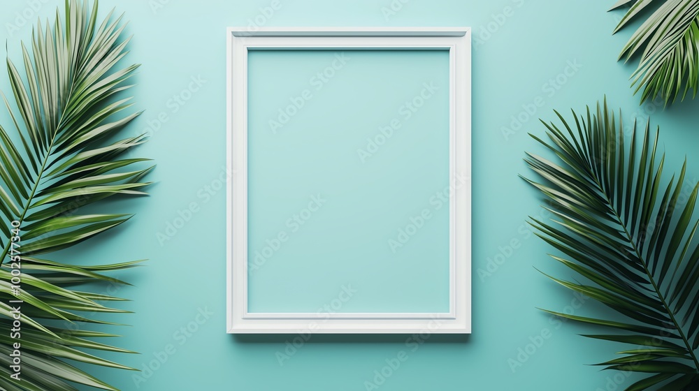 A minimalist white photo frame on a teal background surrounded by tropical leaves, perfect for showcasing art or memories. A minimalist white photo frame on a teal background surrounded by tropical leaves, perfect for showcasing art or memories.