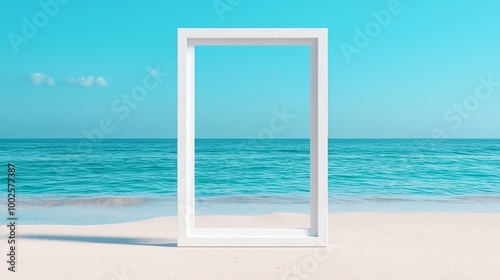 A modern white frame stands on a serene beach, with turquoise waters and clear skies, symbolizing tranquility and escape.