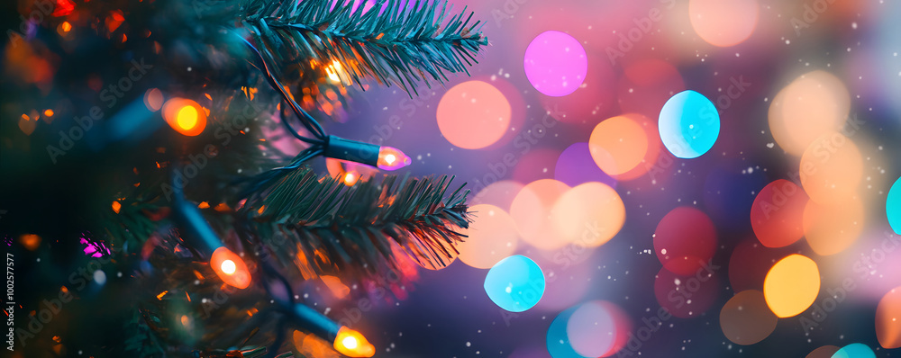 Festive Holiday Lights on Christmas Tree with Bokeh Effect Festive Holiday Lights on Christmas Tree with Bokeh Effect