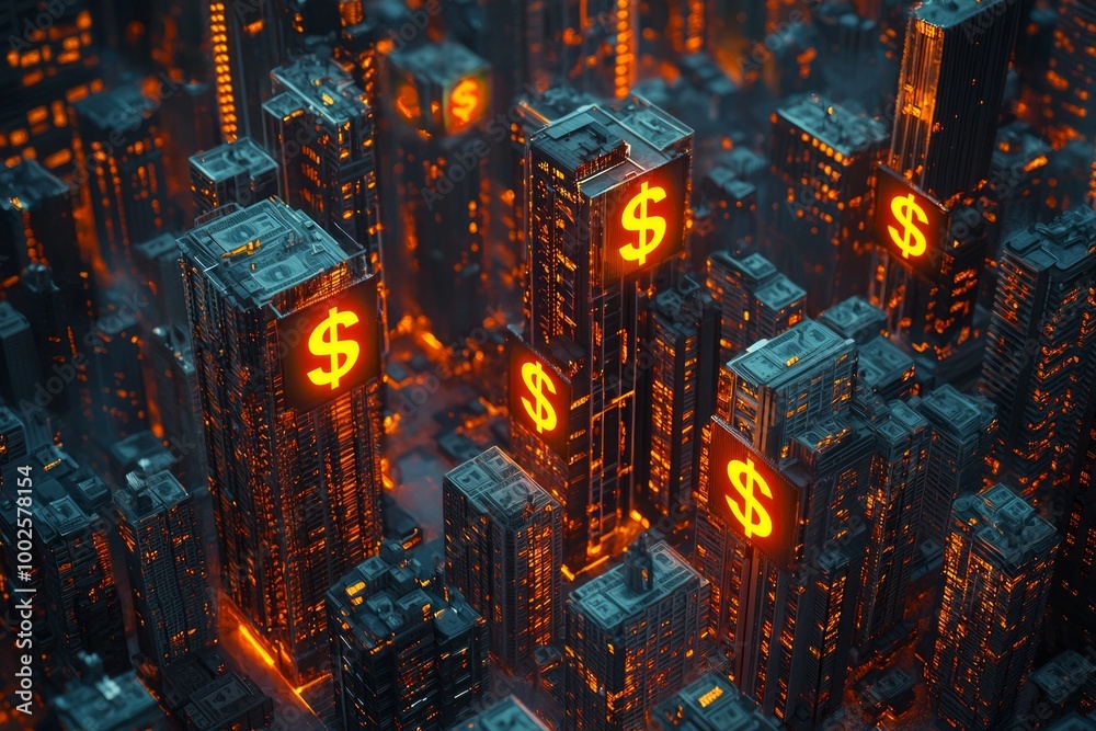 A cityscape of skyscrapers with glowing dollar symbols on their facades, aerial view, cyberpunk style. A cityscape of skyscrapers with glowing dollar symbols on their facades, aerial view, cyberpunk style.