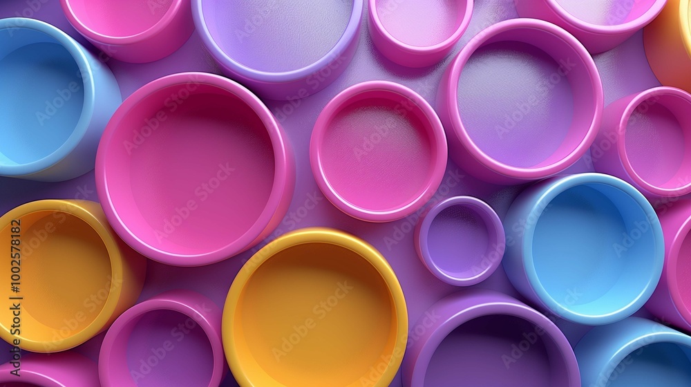 Various rings and cups arranged in pattern top view 3d rendering image. Vibrant ornament of round details background wallpaper colorful realistic. Geometric style concept idea Various rings and cups arranged in pattern top view 3d rendering image. Vibrant ornament of round details background wallpaper colorful realistic. Geometric style concept idea