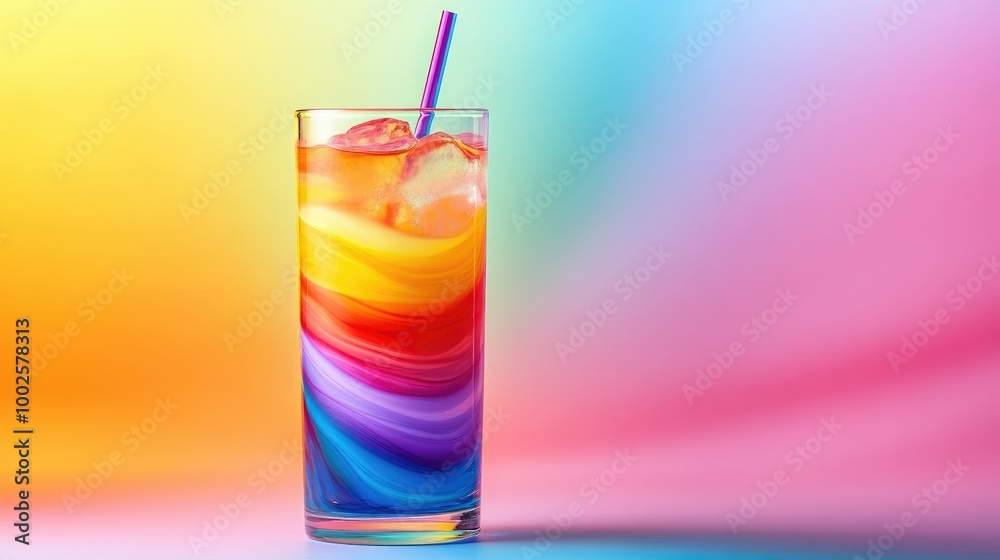 Colorful Layered Rainbow Cocktail in Tall Glass Colorful Layered Rainbow Cocktail in Tall Glass