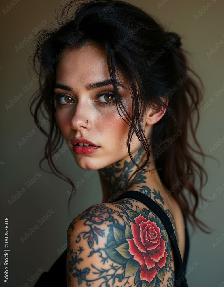Portrait of a brunette with a tattoo on her neck. Beauty and creativity concept Portrait of a brunette with a tattoo on her neck. Beauty and creativity concept