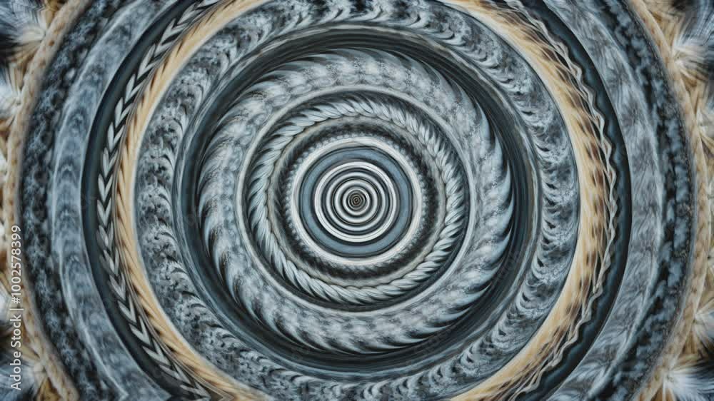 Abstract concentric circles with swirling patterns in black, white, and beige