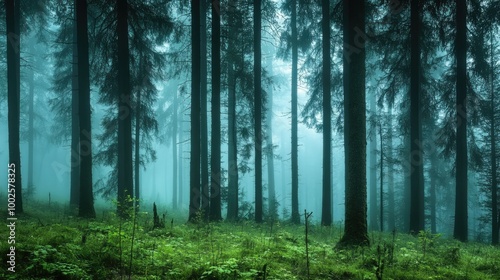 Misty Forest with Tall Trees and Soft Light