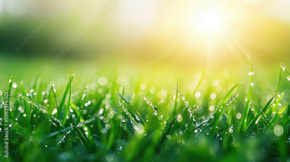 Obraz premium Dewdrops on Green Grass in Morning Sunlight