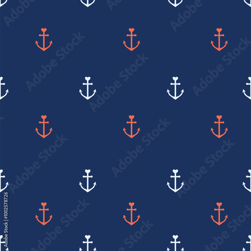 A repeating pattern featuring anchors in various colors on a navy background, suitable for textiles or wallpapers. photo