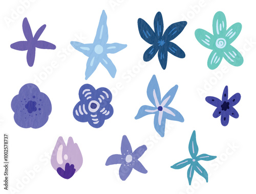 Collection of Blue Flower Florals and Leaves Vector Elements