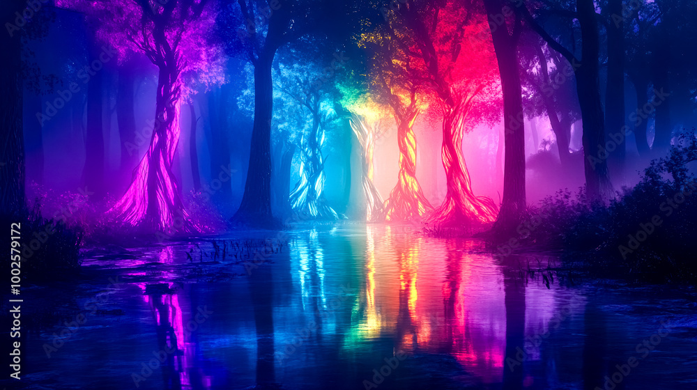 Fototapeta premium Glowing trees reflecting in swamp water at night