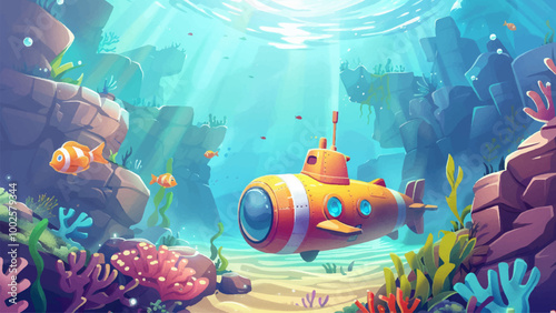 Submarine Exploring The Ocean Floor Surrounded By Colorful Coral Fish And Marine Life Bright Colors And Playful Details Create An Engaging And Charming Cartoon Illustration