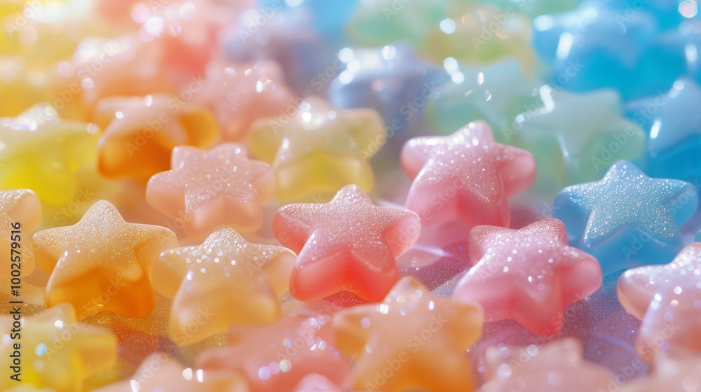 Small multicolor candy stars pattern on display closeup image. Fruit flavour chewing bonbons on display close up photography. Healthy organic treats concept photo realistic Small multicolor candy stars pattern on display closeup image. Fruit flavour chewing bonbons on display close up photography. Healthy organic treats concept photo realistic