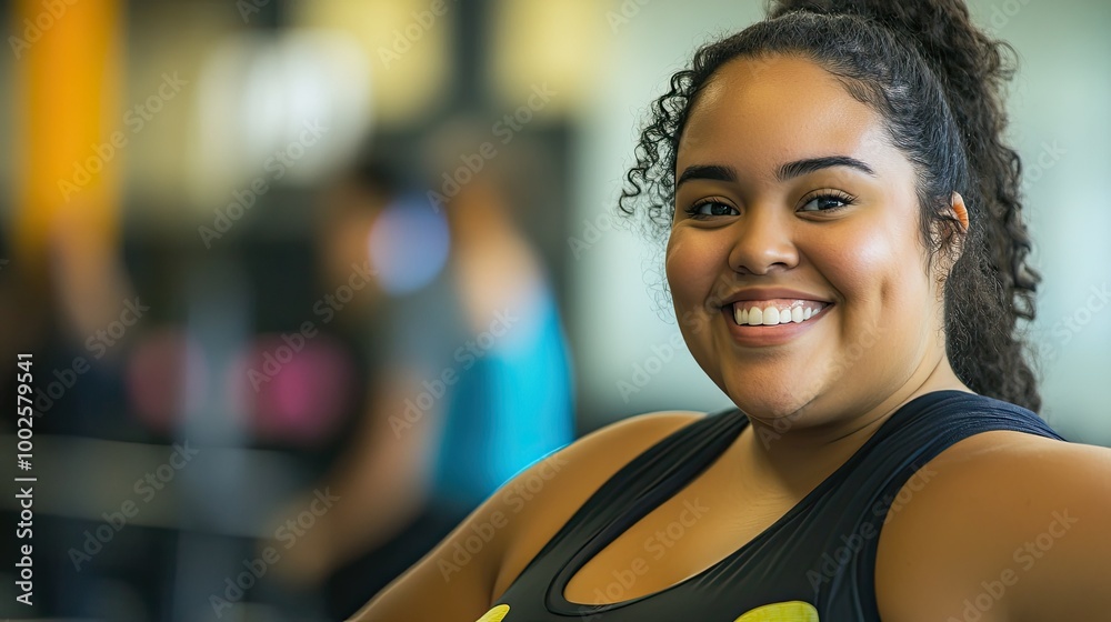 Smiling Woman in Fitness Class Enjoying Workout Session Smiling Woman in Fitness Class Enjoying Workout Session