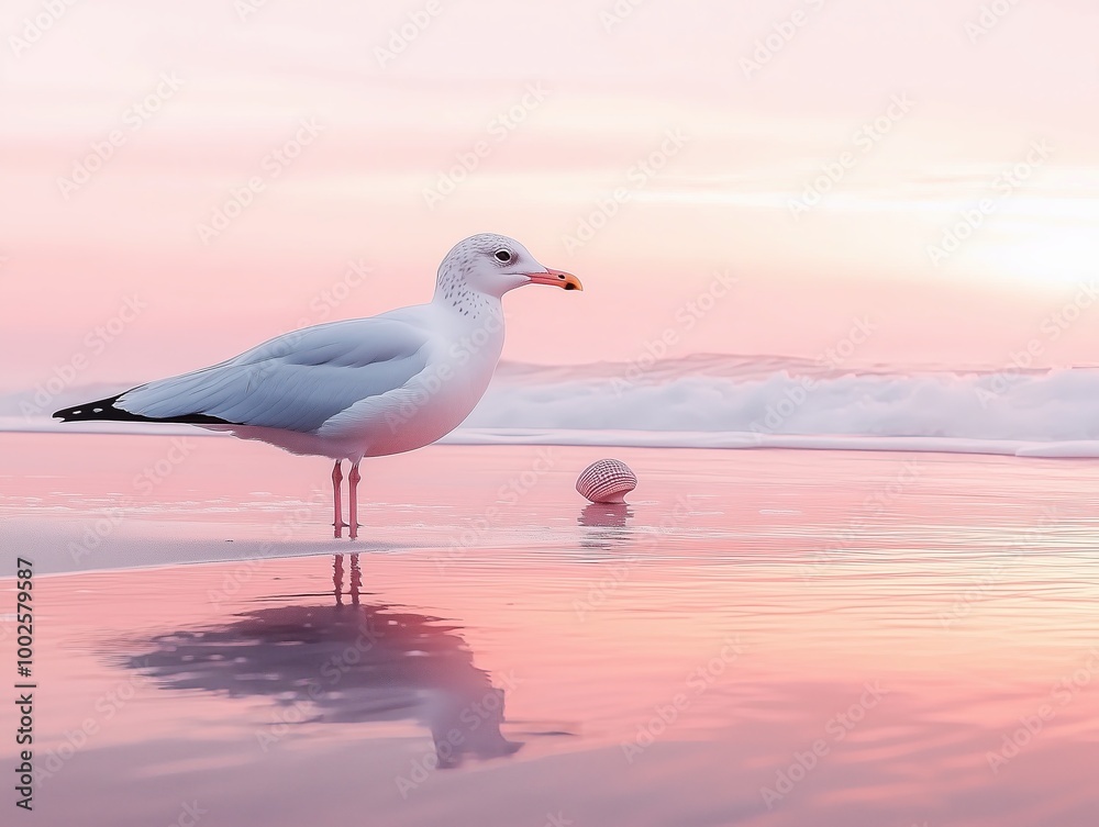 Fototapeta premium Serene Seagull at Sunset Beach with Seashell Reflections
