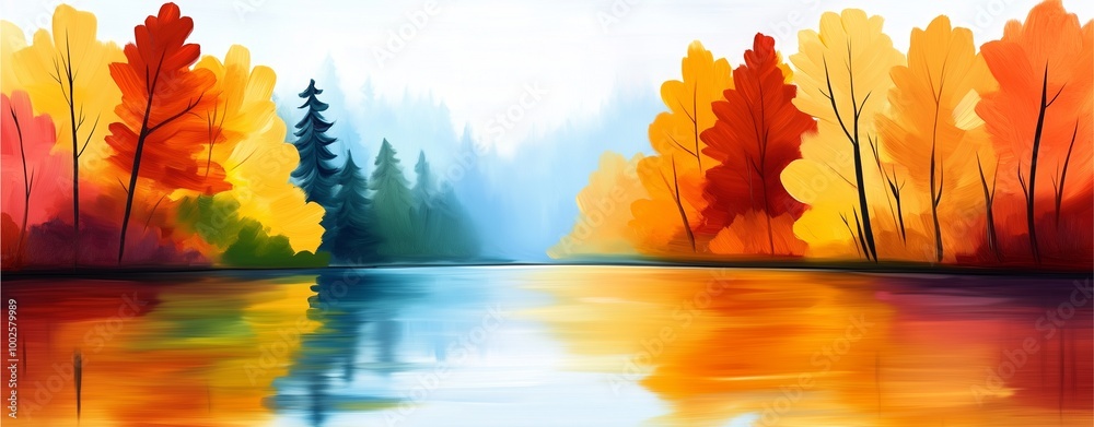 A vibrant autumn landscape with colorful trees reflecting on a serene lake under a bright, sunny sky. A vibrant autumn landscape with colorful trees reflecting on a serene lake under a bright, sunny sky.