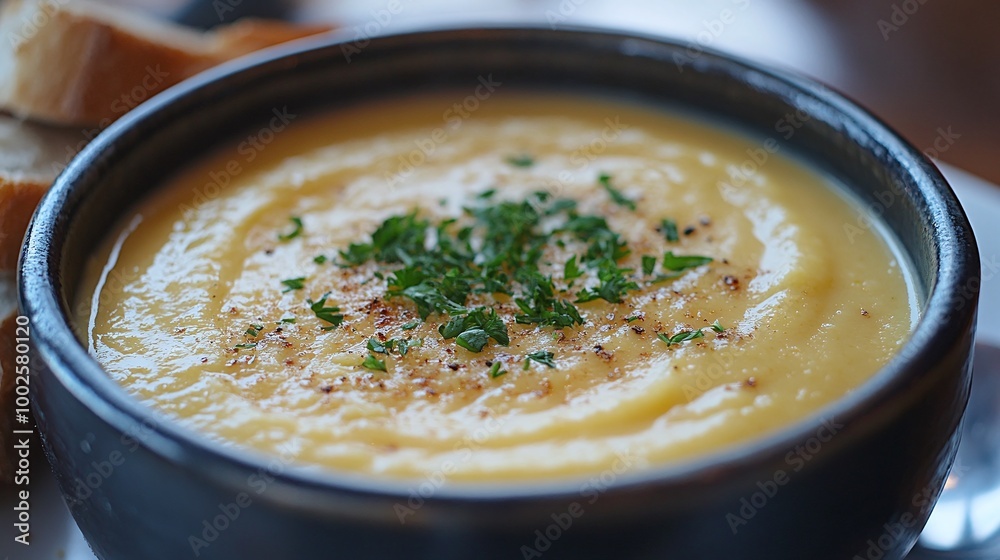 comforting creamy pumpkin soup with a sprinkle of parsley and bread on the side, a delicious homemade autumn meal, perfect for lunch or dinner, healthy seasonal dish full of warmth and flavor