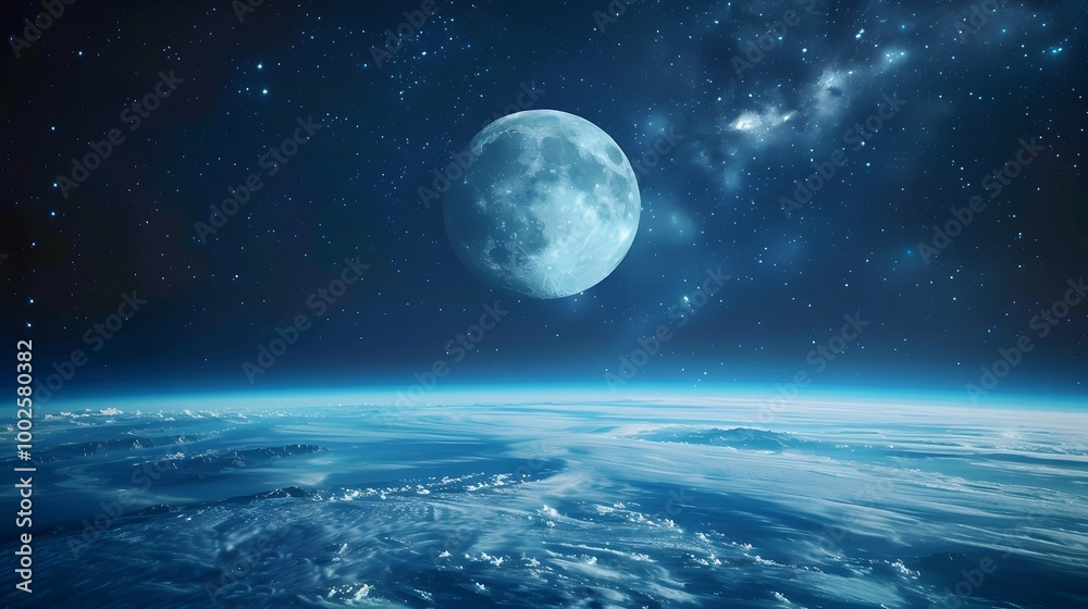 Fototapeta premium Luminous Moon Balloon Floating Above Earth s Horizon in Starry Night Sky