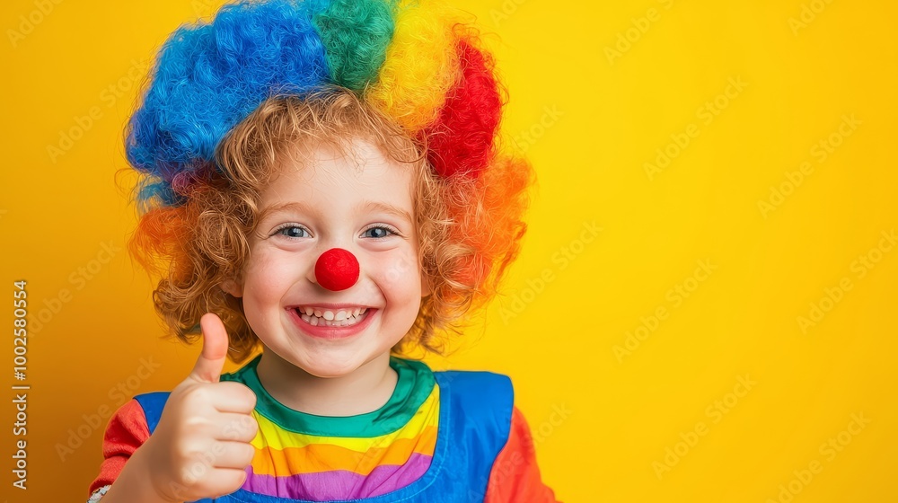 Cheerful child clown in a colorful outfit with thumbs up on a bright yellow background. Cheerful child clown in a colorful outfit with thumbs up on a bright yellow background.