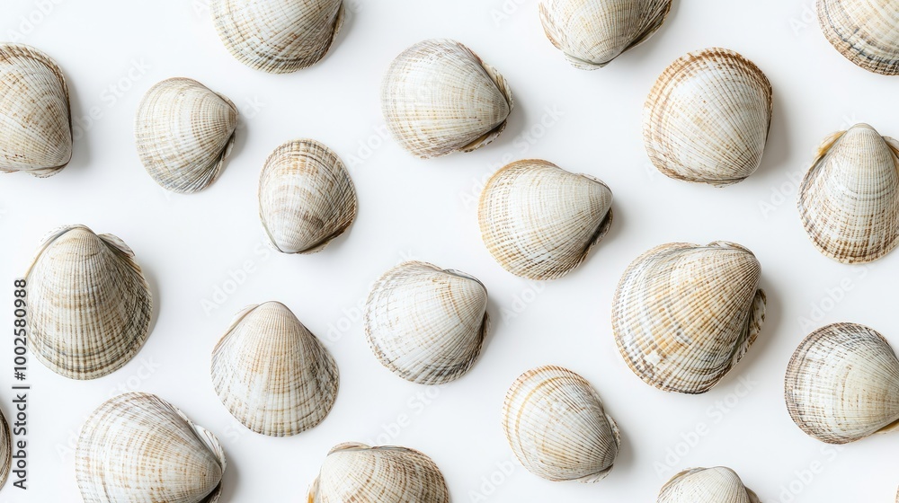 Fresh clams arranged on a white background, showcasing their natural color and texture, perfect for seafood dishes or restaurant visuals. Fresh clams arranged on a white background, showcasing their natural color and texture, perfect for seafood dishes or restaurant visuals.