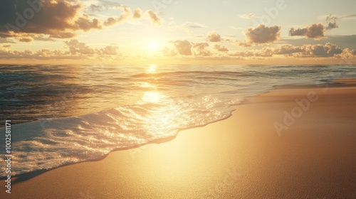 A serene beach at sunset, golden light reflecting on the sand and water