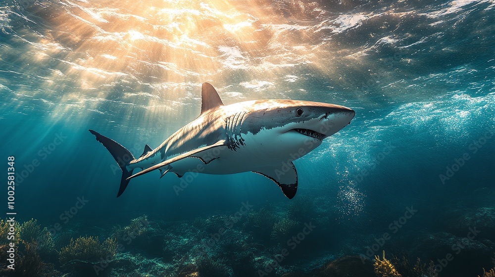 Fototapeta premium an unforgettable shark encounter in the ocean, diving with powerful predators, exploring marine wildlife in their natural habitat, an exhilarating aquatic adventure with sharks up close