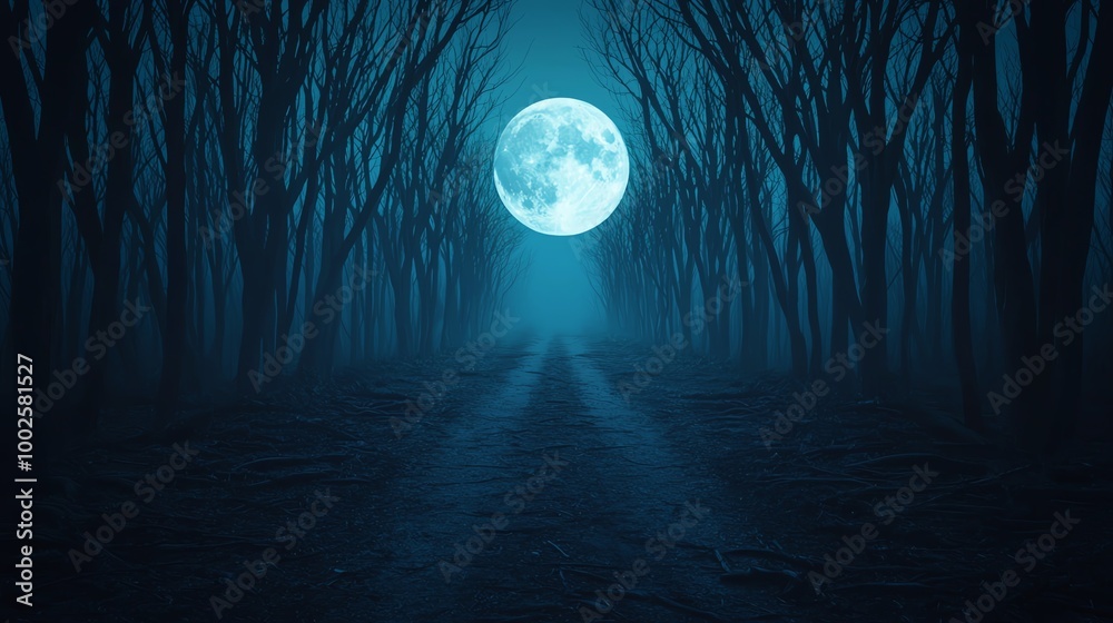 A serene night scene illuminated by a full moon, surrounded by tall, dark trees casting shadows in a mystical atmosphere.
