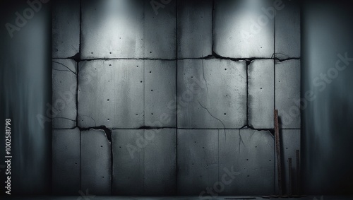 Grungy, textured brick wall with a small hole, aged and weathered with a vintage, rough surface